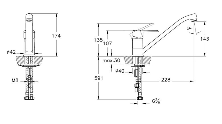 CONCEPT E50 III dřezová baterie, chrom A43432EXP Technický nákres