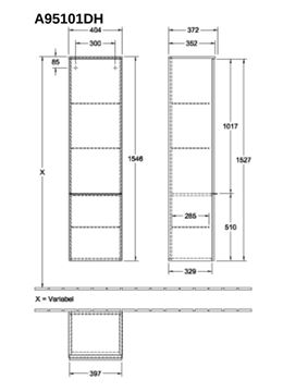 VILLEROY & BOCH VENTICELLO vysoká skříňka 40,4x37,2x154,6 cm, 1 dvířka, panty vlevo, Glossy White A95101DH Technický nákres
