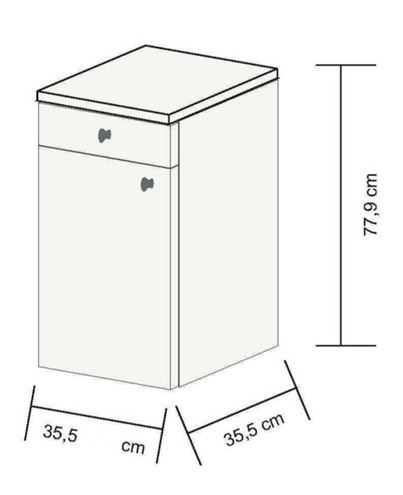 CONCEPT 50 nízká skříňka 35,5x35,5x77,9 cm, 1 zásuvka, 1 dvířka, panty vlevo, bělený dub/lesklá bílá C50.SLBD Technický nákres