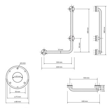 BEMETA HELP madlo 630x680 mm, pravé, nerez 301112062 Technický nákres