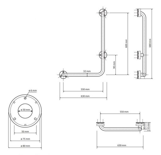 BEMETA HELP madlo 630x680 mm, pravé, nerez 301112062 Technický nákres