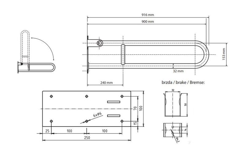 BEMETA HELP sklopné madlo 916 mm, bílá 301102904 Technický nákres