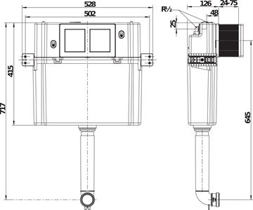 JIKA BASIC TANK SYSTEM montážní prvek pro WC 71,7 cm, se splachovací nádržkou H8956500000001 Technický nákres