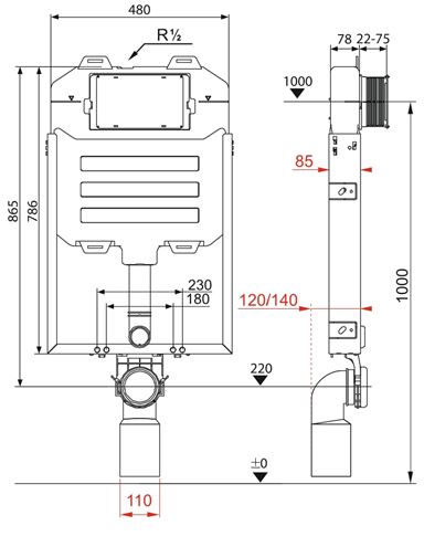 JIKA BASIC WC SYSTEM COMPACT montážní prvek pro WC 109,5 cm, se splachovací nádržkou H8946510000001 Technický nákres