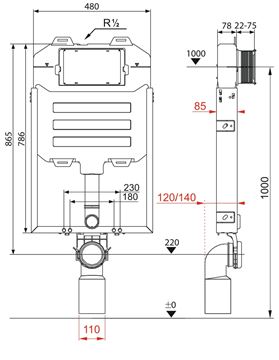 JIKA BASIC WC SYSTEM COMPACT montážní prvek pro WC 109,5 cm, se splachovací nádržkou H8946510000001 Technický nákres