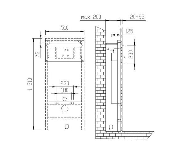 AZP BRNO montážní prvek pro WC 121 cm, se splachovací nádržkou, s tlačítkem, antivandal BSAZ 5 Technický nákres