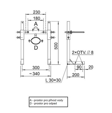 AZP BRNO montážní rám pro WC 50 cm KZ 1 Technický nákres
