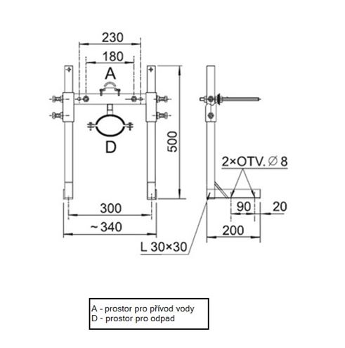 AZP BRNO montážní rám pro WC 50 cm KZ 1 Technický nákres