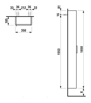 LAUFEN BASE vysoká skříňka 35x18,5x165 cm, 1 dvířka, panty vpravo, lesklá bílá H4026421102611 Technický nákres