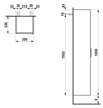 LAUFEN BASE vysoká skříňka 35x33,6x165 cm, 1 dvířka, panty vlevo, matná bílá H4026711102601 Technický nákres
