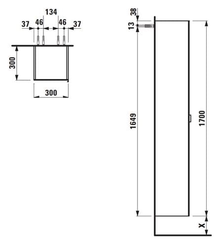 LAUFEN SPACE vysoká skříňka 30x30x170 cm, 1 dvířka, matná bílá/sklo H4109011601001 Technický nákres