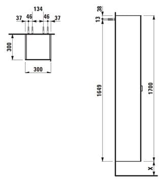 LAUFEN SPACE vysoká skříňka 30x30x170 cm, 1 dvířka, matná bílá/sklo H4109011601001 Technický nákres