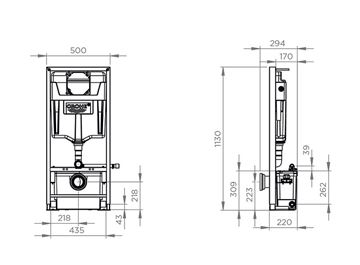 SFA SANIBROY SANIWALL PRO UP montážní prvek pro WC 113 cm, se splachovací nádržkou a přečerpávacím systémem, s tlačítkem, sklo, bílá WALLPROUPD Technický nákres