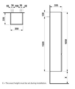 LAUFEN PRO S vysoká skříňka 35x33,5x165 cm, 1 dvířka, panty vpravo, lesklá bílá H4831220954751 Technický nákres
