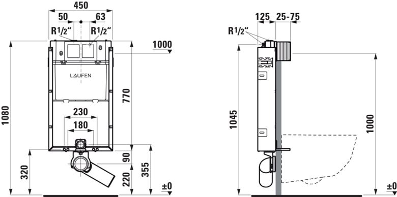 LAUFEN LIS montážní prvek pro WC 77 cm, se splachovací nádržkou H8946630000001 Technický nákres