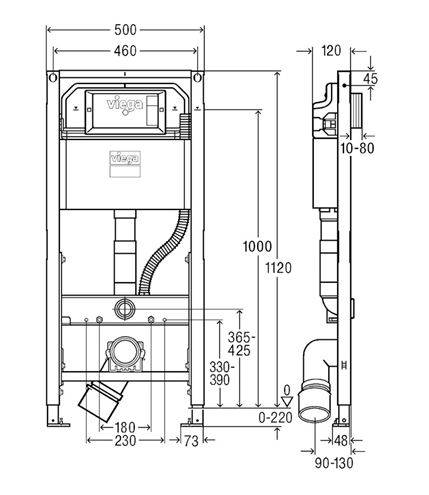 VIEGA PREVISTA DRY-WC 8521 montážní prvek pro WC 102 cm, se splachovací nádržkou 3H 771997 Technický nákres