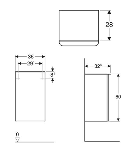 GEBERIT SMYLE SQUARE nízká skříňka 36x32,6x60 cm, 1 dvířka, panty vlevo, ořech hickory 500.360.JR.1 Technický nákres