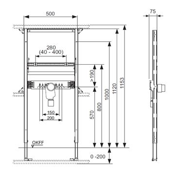 TECE PROFIL montážní rám pro umyvadlo 112 cm 9310004 Technický nákres