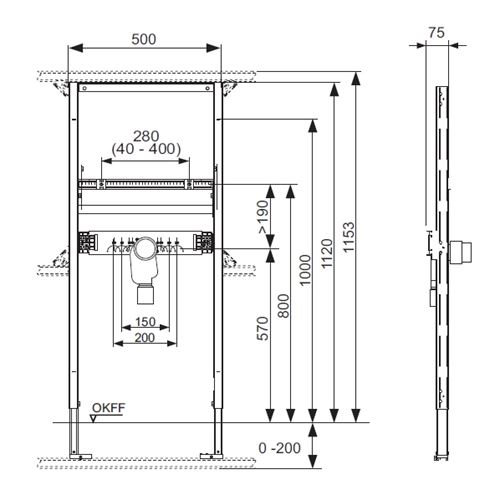 TECE PROFIL montážní rám pro umyvadlo 112 cm 9310004 Technický nákres