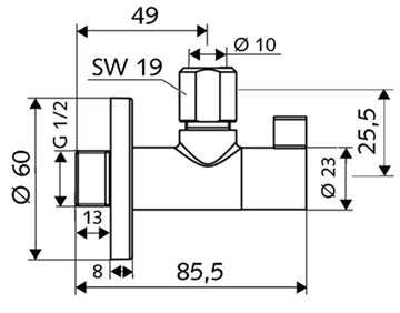 SCHELL WING rohový ventil 1/2"x3/8", chrom 053920699 Technický nákres
