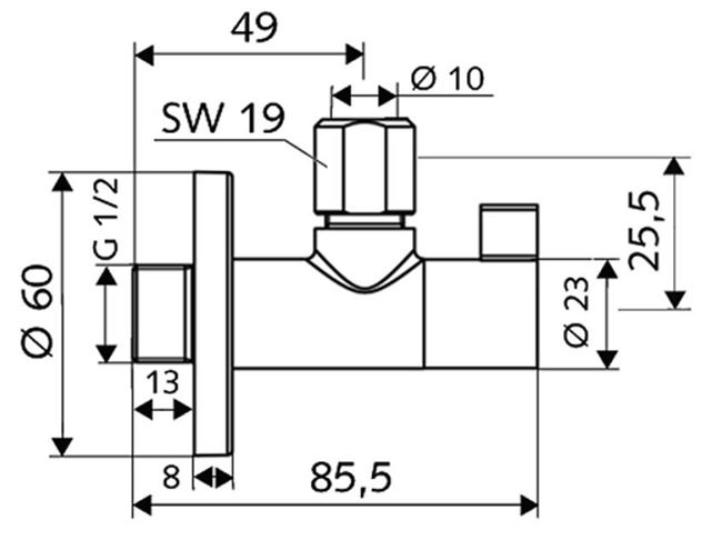 SCHELL WING rohový ventil 1/2"x3/8", chrom 053920699 Technický nákres