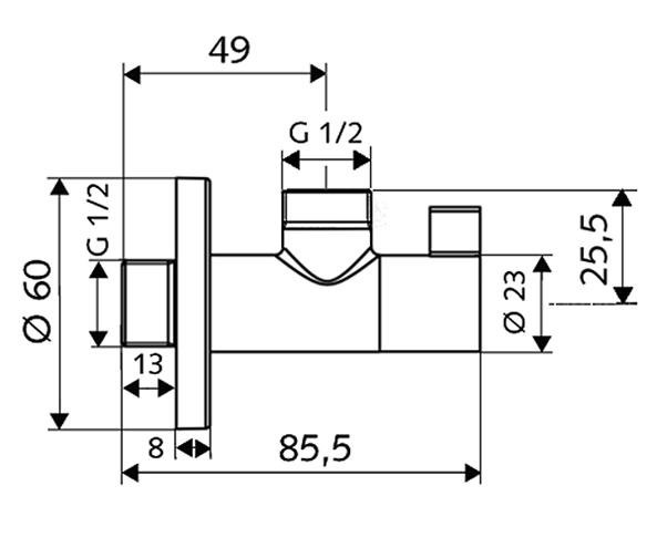 SCHELL rohový ventil 1/2"x1/2", chrom 053980699 Technický nákres
