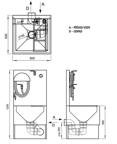 AZP BRNO výlevka pro chemické WC 60 cm, s napouštěcím ventilem a roštem, nerez VLK 03 Technický nákres