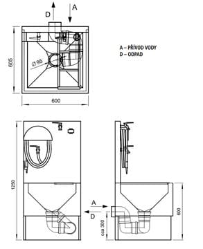 AZP BRNO výlevka pro chemické WC 60 cm, s napouštěcím ventilem a roštem, nerez VLK 03 Technický nákres