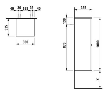 LAUFEN PRO S nízká skříňka 35x33,5x100 cm, 1 dvířka, panty vlevo, matný grafit H4831110954801 Technický nákres