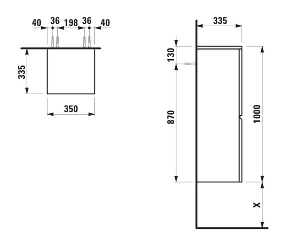 LAUFEN PRO S nízká skříňka 35x33,5x100 cm, 1 dvířka, panty vpravo, červená H4831120959991 Technický nákres