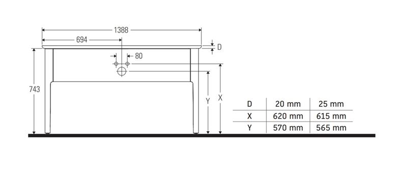 DURAVIT LUV skříňka pod umyvadlo 133,8x57x74,3 cm, 1 zásuvka, Push-open, matná bílá LU956103939 Technický nákres