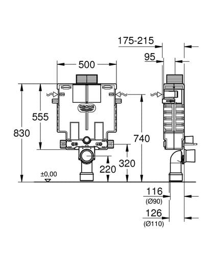 GROHE UNISET montážní prvek pro WC 82 cm, se splachovací nádržkou 38415001 Technický nákres