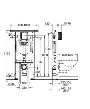 GROHE RAPID SL montážní prvek pro WC 113 cm, se splachovací nádržkou 38588001 Technický nákres
