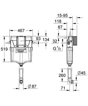 GROHE GD2 splachovací nádržka k zabudování, pro stacionární WC 38661000 Technický nákres