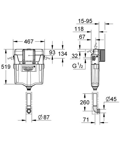 GROHE GD2 splachovací nádržka k zabudování, pro stacionární WC 38661000 Technický nákres