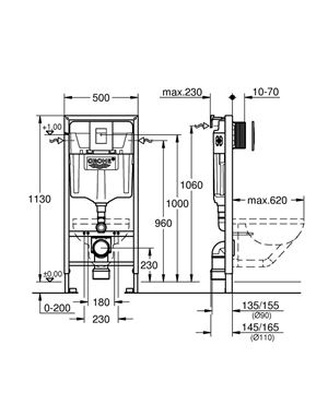 GROHE RAPID SL montážní prvek pro WC 113 cm, se splachovací nádržkou a s tlačítkem Skate Cosmopolitan, chrom 38772001 Technický nákres