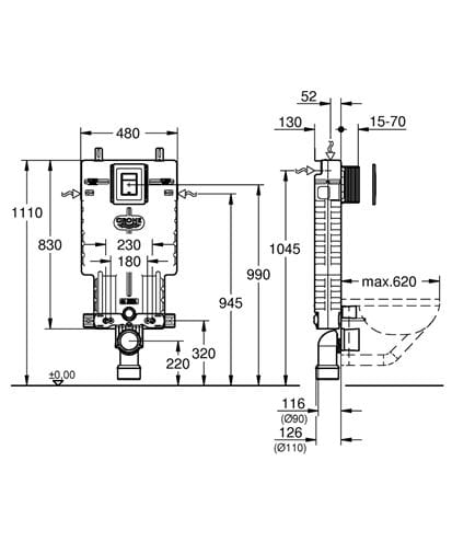 GROHE UNISET montážní prvek pro WC, se splachovací nádržkou a s ovládacím tlačítkem Skate Cosmopolitan, chrom 38825000 Technický nákres
