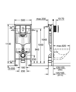 GROHE RAPID SL montážní prvek pro WC 113 cm, se splachovací nádržkou a s tlačítkem Arena Cosmopolitan 38929000 Technický nákres