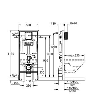 GROHE RAPID SL montážní prvek pro WC 113 cm, se splachovací nádržkou 39002000 Technický nákres