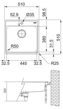FRANKE BELL BCX 610-51 nerezový dřez 510x510 mm, otvor pro baterii 101.0698.010 Technický nákres