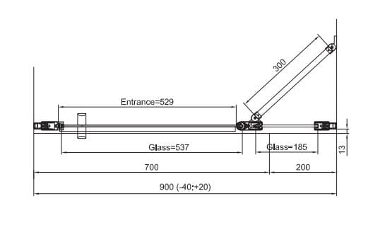 RONAL DIVERA D22T13 sprchové dveře 90x200 cm, vstup 530 mm, lítací, matná černá/čiré sklo D22T13 070 20 06 07 Technický nákres