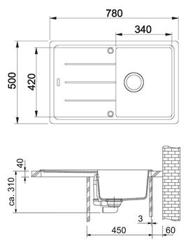 FRANKE BASIS BFG 611-78 fragranitový dřez 780x500 mm, otočný, odkapávač, matná černá 114.0661.513 Technický nákres