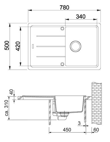 FRANKE BASIS BFG 611-78 fragranitový dřez 780x500 mm, otočný, odkapávač, matná černá 114.0661.513 Technický nákres