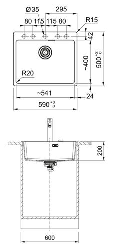 FRANKE MARIS MRG 610-54 FTL fragranitový dřez 590x500 mm, matná černá 114.0661.453 Technický nákres