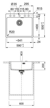 FRANKE MARIS MRG 610-54 FTL fragranitový dřez 590x500 mm, matná černá 114.0661.453 Technický nákres