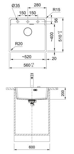 FRANKE MARIS MRG 610-52 RTL fragranitový dřez 560x510 mm, matná černá 114.0661.384 Technický nákres
