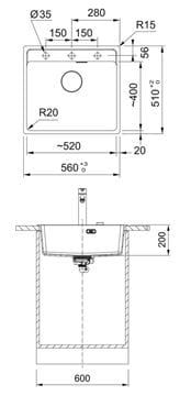 FRANKE MARIS MRG 610-52 RTL fragranitový dřez 560x510 mm, matná černá 114.0661.384 Technický nákres
