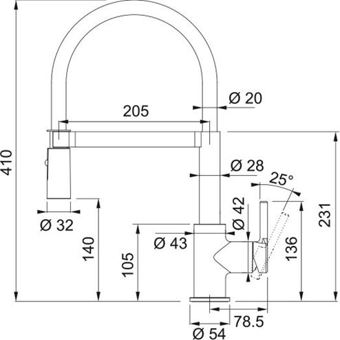 FRANKE FC 6085 LINA dřezová baterie, s flexi ramínkem, chrom/černá 115.0626.085 Technický nákres