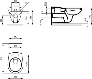 IDEAL STANDARD CONTOUR 21 bezbariérové závěsné WC V340401 Technický nákres