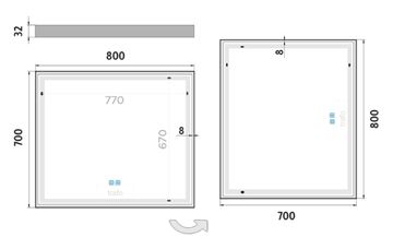 NIMCO ZP 13000 zrcadlo 80x70 cm, reverzibilní, s osvětlením, s regulací stmívání a teploty světla, se dvěma senzory ZP 13003VX Technický nákres